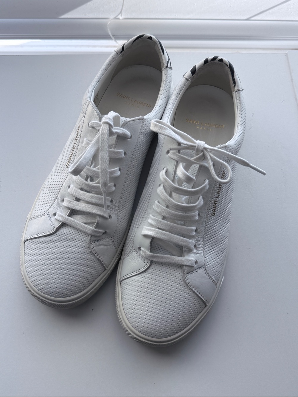 Saint Laurent White Perforated Leather Sneakers with Black Heel Tab